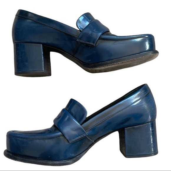 Jil Sander Blue Leather Block Heeled Loafers - Picture 7 of 14